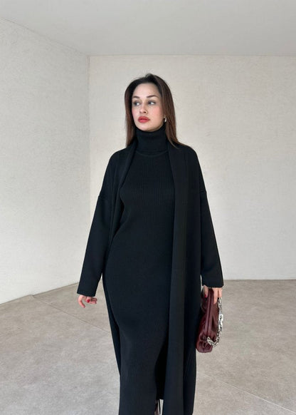 طقم تريكو أنيق نسائي مكون من قطعتين فستان بدون أكمام وكارديجان بأكمام طويلة TR-4