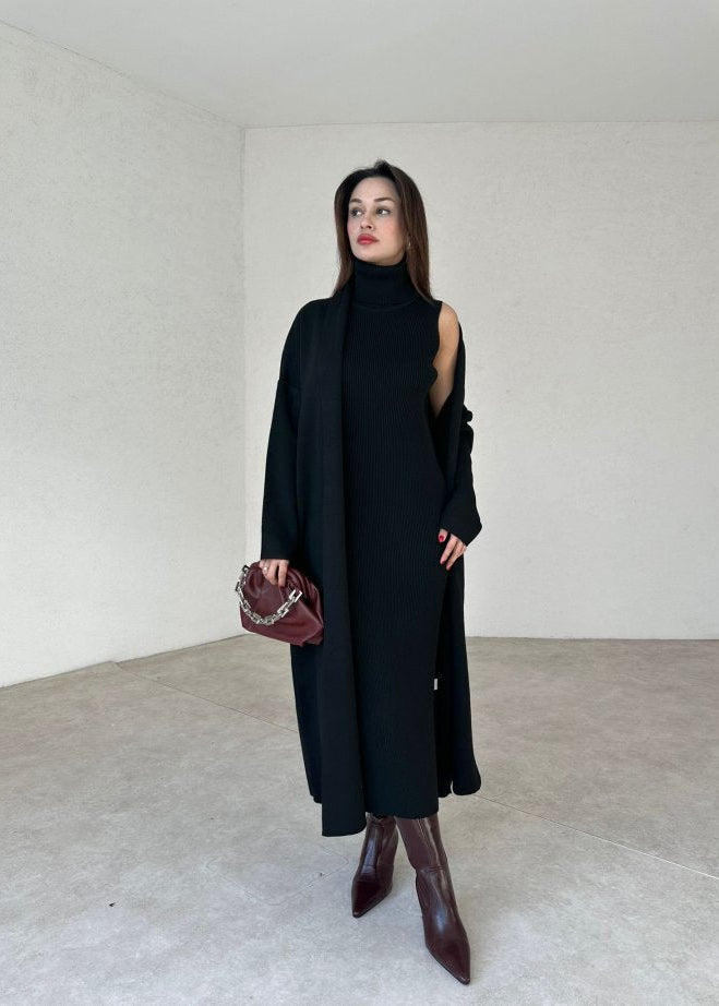 طقم تريكو أنيق نسائي مكون من قطعتين فستان بدون أكمام وكارديجان بأكمام طويلة TR-4