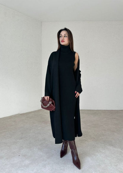 طقم تريكو أنيق نسائي مكون من قطعتين فستان بدون أكمام وكارديجان بأكمام طويلة TR-4