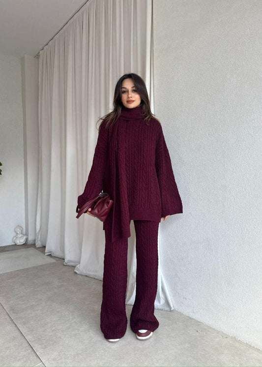 طقم تريكو أنيق نسائي مكون من 3 قطع بلوزة + بنطلون + سكارفTR-5