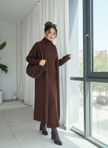 طقم تريكو أنيق نسائي مكون من قطعتين فستان بدون أكمام وكارديجان بأكمام طويلة TR-4