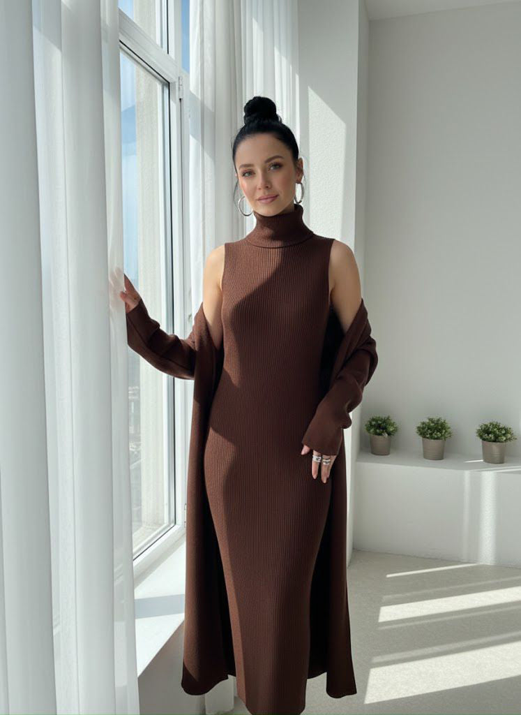 طقم تريكو أنيق نسائي مكون من قطعتين فستان بدون أكمام وكارديجان بأكمام طويلة TR-4