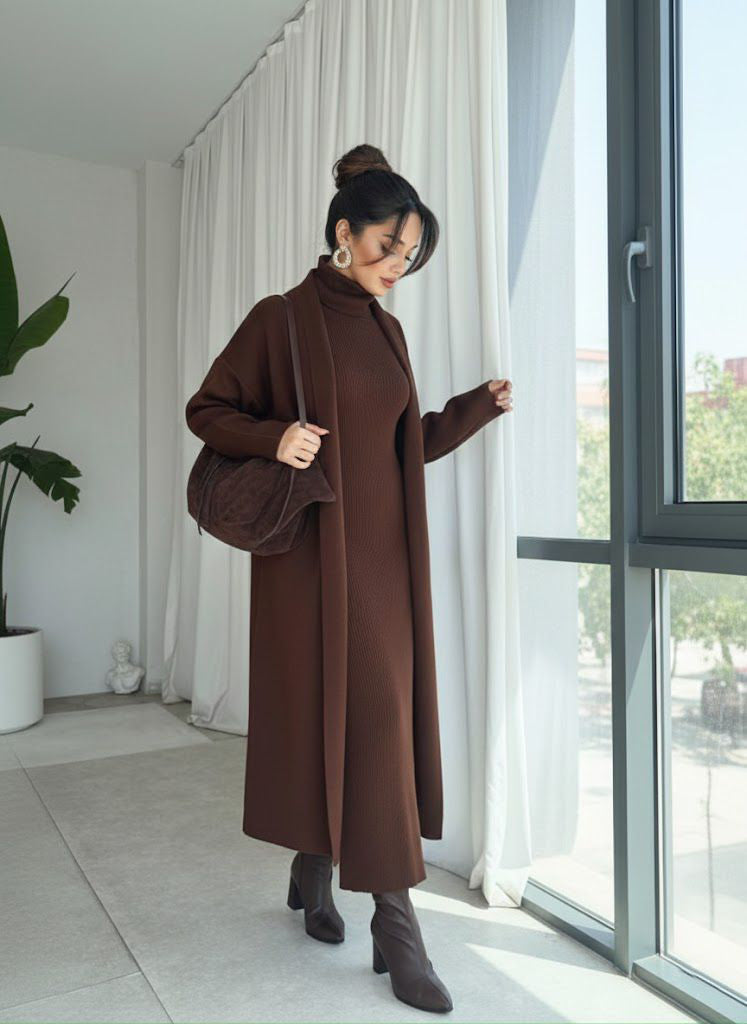 طقم تريكو أنيق نسائي مكون من قطعتين فستان بدون أكمام وكارديجان بأكمام طويلة TR-4