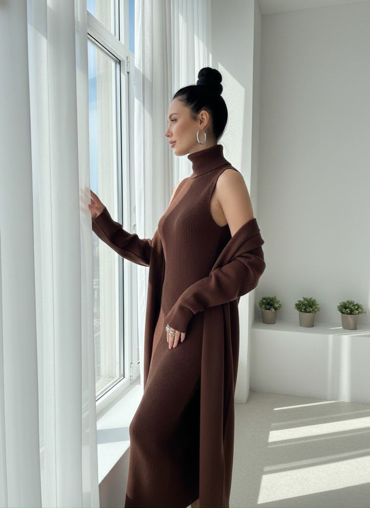 طقم تريكو أنيق نسائي مكون من قطعتين فستان بدون أكمام وكارديجان بأكمام طويلة TR-4