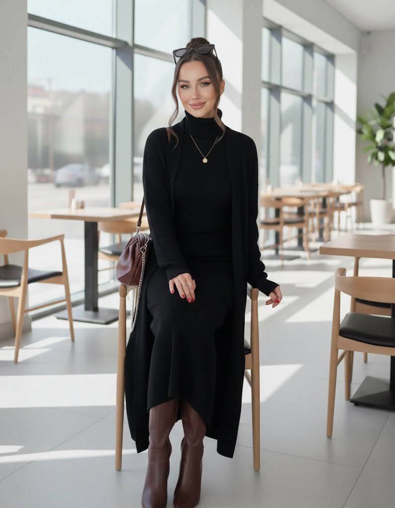 طقم تريكو أنيق نسائي مكون من قطعتين فستان بدون أكمام وكارديجان بأكمام طويلة TR-4