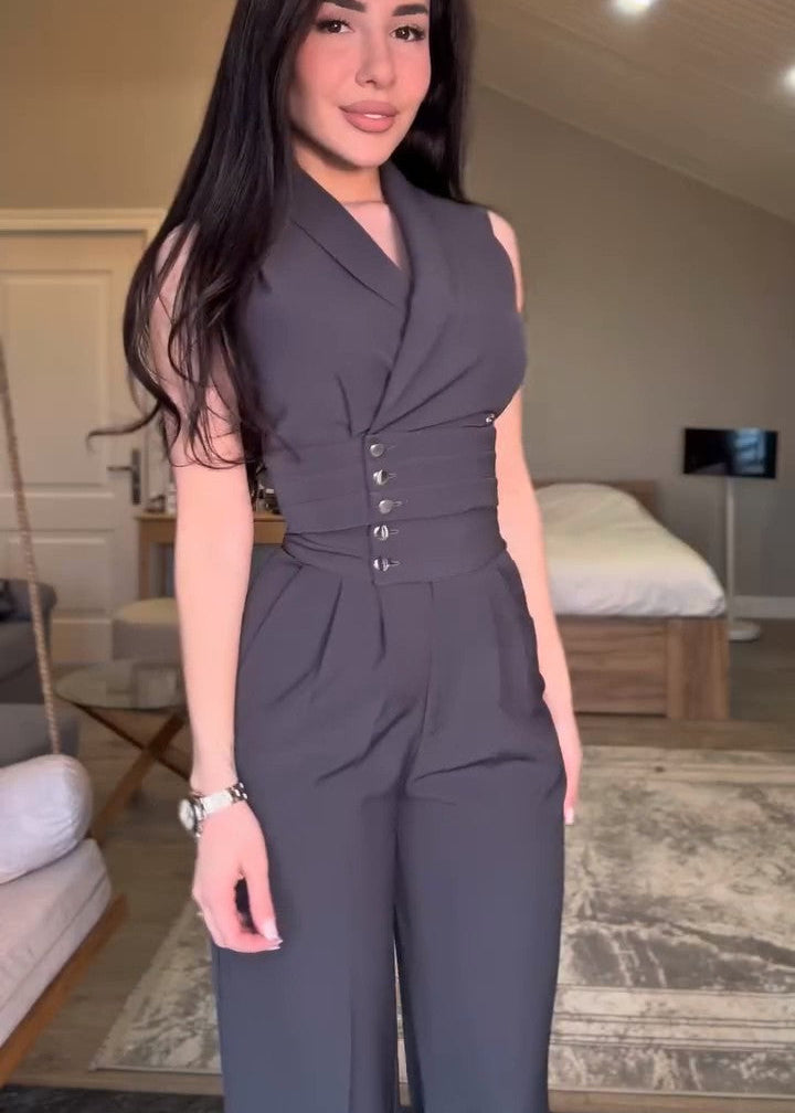 A formal two-piece set (blouse + trousers) with a distinctive and elegant design S67
